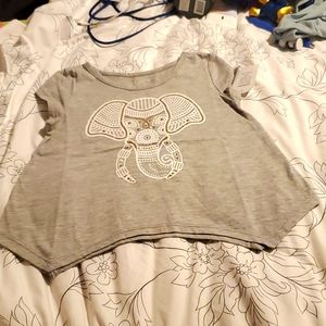 Grey elephant t-shirt, ruffled bottom, gold outline, rhinestones